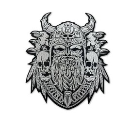 Viking Warrior Back Patch, Large Raven Skull Design, Black and White Embroidered, Motorcycle Jacket Emblem