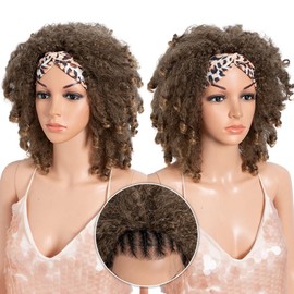 Style Icon 3-in-1 Magic Drawstring Half Wig | 14" Short Afro-Textured Large Volume Ombre Dark Brown Blonde Color Synthetic Hair | No Glue, No Sew | Ponytail & Bun Styler