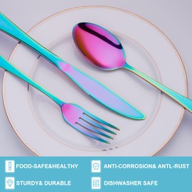 Rainbow Silverware Set, Kitiok 20 Piece Stainless Steel Flatware Set for 4, Cutlery Utensils Set Include Knives/Forks/Spoons Service for 4, Mirror Polished and Dishwasher Safe