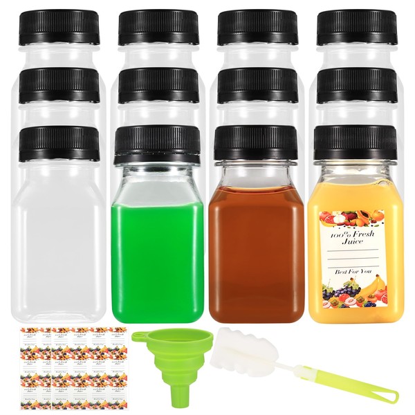 Peygre Plastic Juice Bottles with Lids, 12 Pieces 120 ml/4 oz Reusable Plastic Shot Bottles with Tamper Seal Lids, Clear Drink Milk Juice Containers with Lids for Making Juice, Smoothie, Water,