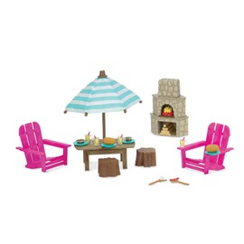 Li’l Woodzeez – Outdoor Patio Set – 23pc Toy Set with Fireplace, Furniture, and Food Accessories – Miniature Toys and Playsets for Kids Age 3+