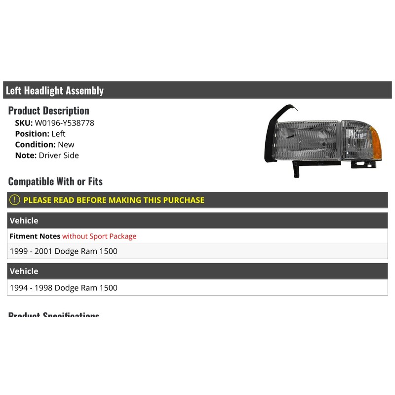 Left Driver Side Headlight Assembly - Compatible with 1994-2001 Dodge
