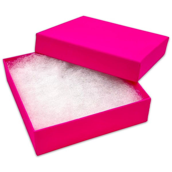 TheDisplayGuys - 25-pack #33 Cotton Filled Neon Kraft Paper Jewelry Box Gift Case - Fuchsia (3 1/2" x 3 1/2" x 1")