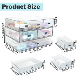 TIE-DailyNec 3PCS Acrylic Makeup Organiser, Clear Stackable Make Up Storage Box, Plastic Desk Storage Box with Drawer, Dressing Table Organiser with 6 Compartments for Home Cosmetics Jewelry Office