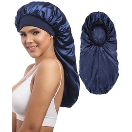 AWAYTR Long Satin Braids Bonnet for Women - 2 Layer Silk Bonnet for Braids Elastic Hair Sleeping Cap with Wide Band Nightcap (Navy)