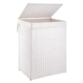 OIAHOMY Laundry Hamper with Lid, 23.8 Gal (90L) Wicker Hamper with Removable Liner Bags, Handwoven Clothes Basket with Handles, Foldable Woven Paper Rope Basket for Laundry Room, Bedroom-White