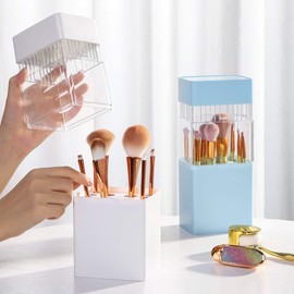 Make-Up Brush Holder,Brush Drying and Storage Box with Lid, Acrylic Makeup Brush Air Drying Rack Holder Cosmetic Brush Organizer, Waterproof Dustproof Container 12 Holes for Different Brush