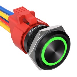 APIELE 15 Amp 22mm Latching Push Button Switch 110V-220V Angel Eye LED Waterproof Round Self-Locking 7/8'' 1NO 1NC 1 Pack (Black Aluminum, Green)