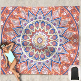 Beach Blanket Waterproof Sandproof Oversized 95”x 80”,Sand Free Beach Mat with Corner Pockets,Portable Mesh Bag for Beach Festival,Picnic,Travel and Outdoor Camping (Sunsetorange Blue)