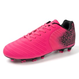 FEETHING Women Soccer Cleats Firm Ground Lace-Up Youth Soccer Shoes Light-Weight Outdoor Training Football Sneakers Big Kid,Pink,8