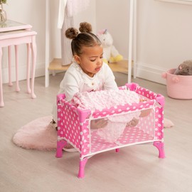 Dolly Tots Travel Dolls Cot | Pink Collapsible Travel Crib Toy | Dolls Nursey Cot | Doll Accessory Toys | Dolls Nursery Pushchair & Pram Toys For Kids | 3+