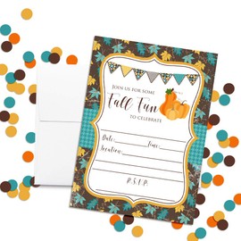 Rustic Autumn Leaves & Pumpkins Fall Fun with Teal Party Invitations, 20 5"x7" Fill in Cards with Twenty White Envelopes by AmandaCreation