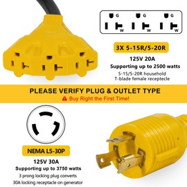 30 Amp to 110V Generator Adapter - NEMA L5-30P Male to 3 of 5-20R/5-15R Female, 3-Prong Twist Lock Plug with ETL Listed, Heavy-Duty 1FT Power Adapter Plug Cord for RV, Household, Outdoor Use