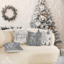Miaikoe Christmas Cushion Covers 40x40 Set of 4 Christmas Decoration Trees Deer Snowman Merry Christmas Decorative Holiday Farmhouse Pillow Cases for Holiday Christmas Decoration（Grey）