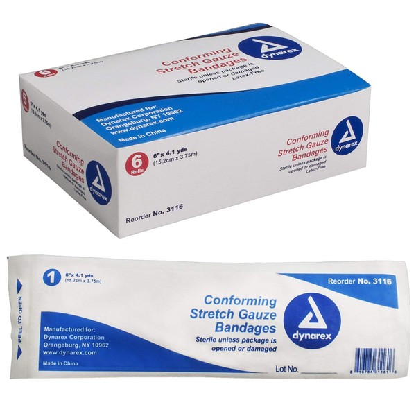 Dynarex Stretch Gauze Bandages, 6" x 4.1 yds, Sterile & Latex-Free, Wound Care in Medical and Home Environments, 1 Box of 6 Dynarex Stretch Gauze Bandages