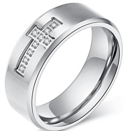 Jude Jewelers 8mm Stainless Steel Christian Sideways Cross Cubic Zircon Religious Wedding Band Ring (Silver, 9)