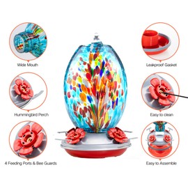 Muse Garden Glass Humming Bird Feeders for Outdoors - 27OZ Blown Glass Hummingbird Feeder - Unique Gift for Mom Women, Outdoors Hanging Garden Decor, Includes Ant Moat & Brush, Blue Fireworks