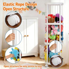 52 Inch 3 Tier Round Plush Stuffed Animal Storage Rack with Brake Wheels