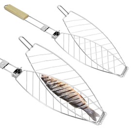 QWORK 2 Pack Stainless Steel Fish Grill Basket with Detachable Handle, BBQ Grill Basket for Fish, Bread