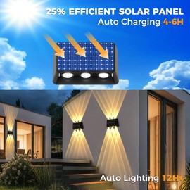 Solar Fence Lights Outdoor - 3000/4000/6000K & 8 RGB Colors, IP65 Waterproof LED Outdoor Wall Lights Solar Powered, 150 Lumens Up & Down Lighting for Backyard, Patio, Porch, Deck, Wall, 4-Pack