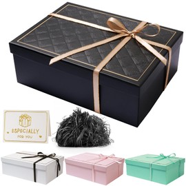 Gift Box with Lid 25 x 18 x 8.5 cm, Gift Box with Bows, Gift Box Set, Greeting Cards, Raffia Hamper Shreds for Wedding, Birthday, Christmas (Black)