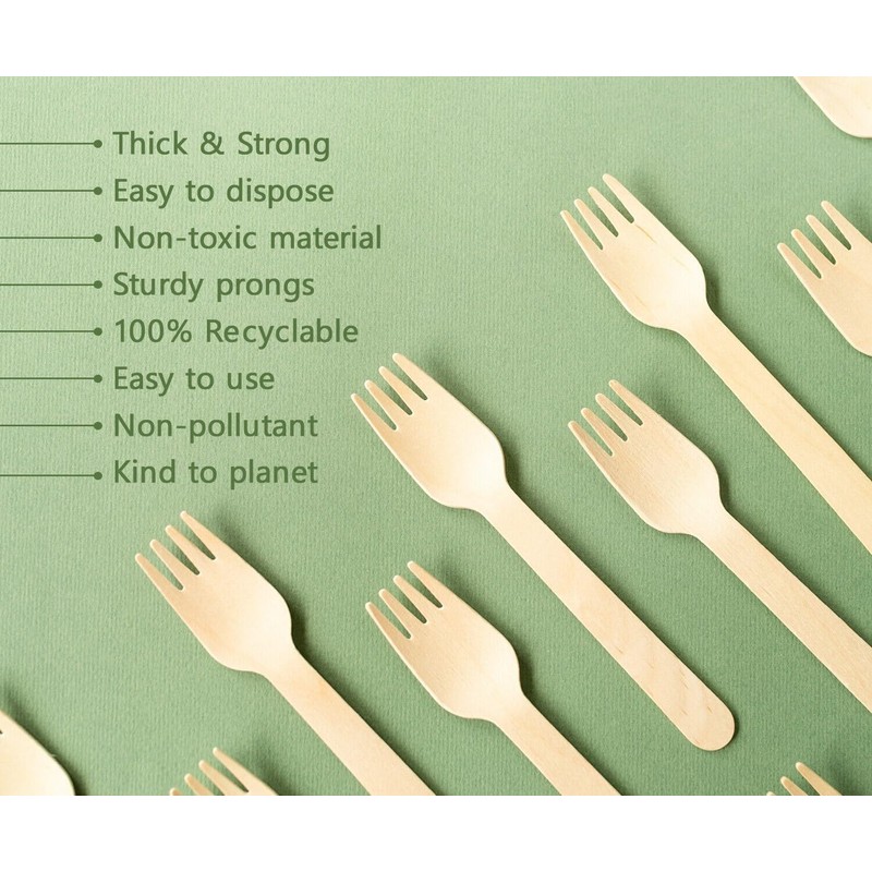Efforias Pack of 100 Wooden Disposable Forks -Biodegradable & Plastic