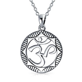 Bling Jewelry Round Circle Sanskrit Symbol Yoga Medallion Aum Om Ohm Pendant Necklace For Women Teens Oxidized .925 Sterling Silver