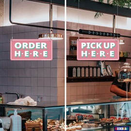 GEEKBEAR Order Here and Pick Up Here Signs (Pink) - Premium Order Here Pick Up Here Signs with Special Hanging Hooks Attachable to Ceiling - 12" X 6" - 2 Pack