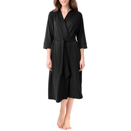 NY Threads Women's Robe Long Knit Bathrobe 3/4 Sleeves Soft Kimono Lightweight Loungewear, Small, Black