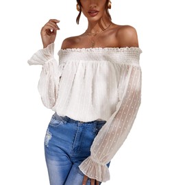 SweatyRocks Women's Off The Shoulder Long Sleeve Tops Chiffon Blouse Ruffle Shirred Dressy Tops White Large