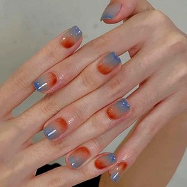 24 pcs Coffin Fake Nails Medium, French Tip Press on Nails, Morandi Stick on Nails for Women and Girls, Acrylic Medium Glue on Nails for Nail Art