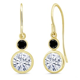 Gem Stone King 14K Yellow Gold White Moissanite and Black Diamond Drop Dangle Earrings For Women (1.80 Cttw, Gemstone Birthstone, Round 6MM and 3MM)