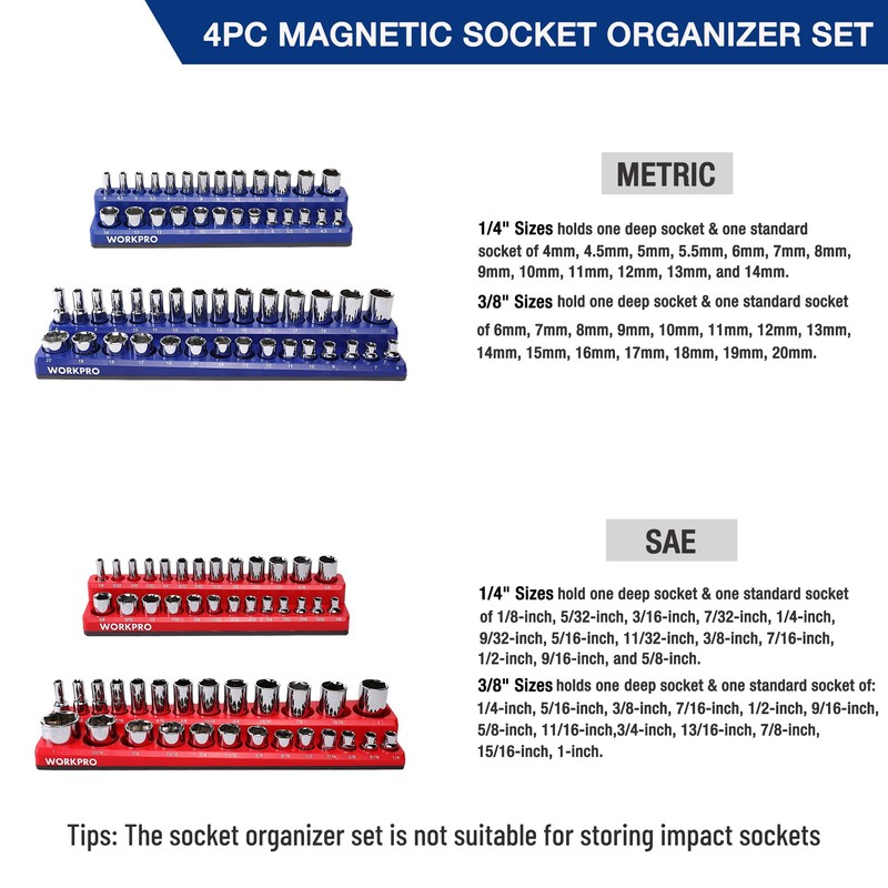 WORKPRO Magnetic Socket Organizer Set, 4-Piece Socket Holder Set Includes