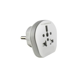 Universeller Reiseadapter in Weiß mit Mehreren Eingängen und globaler Kompatibilität, ideal zum Laden von Geräten überall.