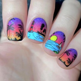 Vopintpy Coconut Tree Fake Nails Ocean Sunset Press on Nails with Rainbow Gradient Acrylic Glue on Nail Matte Short Square Stick on Nail for Women DIY Manicure