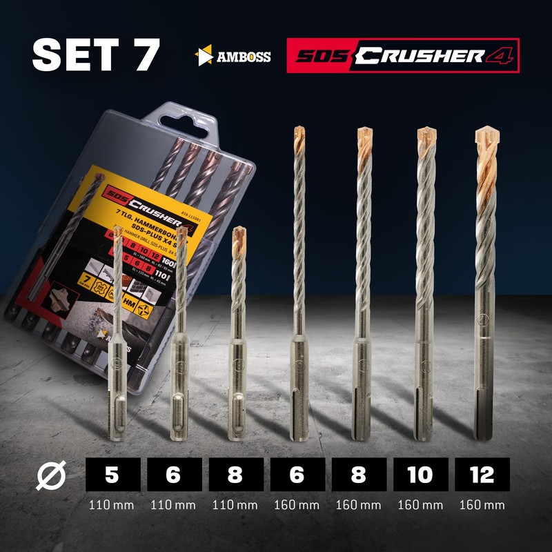 SDS+ Hammer Drill Bit Set 7 Pieces 4 x Cutting