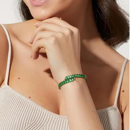 Wovanoo Rhinestone Cuff Bracelet Cubic Zirconia Tennis Bracelets Open Adjustable Elastic Bangle for Women Glod Green