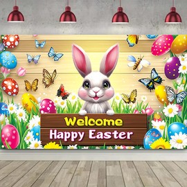 Wuhetyo Happy Easter Banner Backdrops for Photography 71"X45"Bright-Coloured Easter Photo Props Cute Bunny Egg Backdrops for Spring Banners Party Decorations