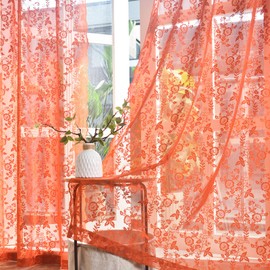 FINECITY Burnt Orange Lace Curtains 72 Inch Length for Bedroom, Vintage Rustic Leaf Floral Pattern Rust Orange Fall Sheer Curtains, Rod Pocket Privacy Sheer Window Curtains, 52 x 72 Inch, 2 Panels