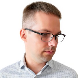 Mini Brille Dünne Metall Lesebrille mit rechteckigen Gläsern, Gratis Etui, Edelstahl Brillengestell (Schwarz), Lesehilfe Herren und Damen +2.0 Dioptrien