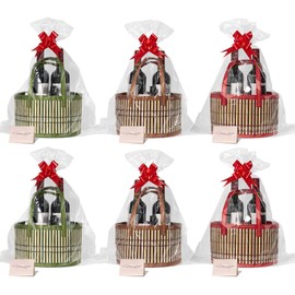 6-Pack Woven Bamboo Gift Baskets with Handles, Ideal for Baby Showers & Birthday Parties, Empty Baskets for Customizable Gifts, Includes 6 Cellophane Bags & 6 Gift Cards (Round)