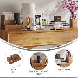 Flash Furniture Comerford 3 Wood Organizer Set - Rustic Brown Solid Pine Wood - For Desktop, Table Top, or Vanity