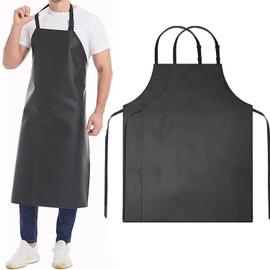 BURNTOP 2 Pack Waterproof Rubber Adjustable Apron 40" Aprons for Men Heavy Duty Chemical Resistant Work Apron Extra Long Grilling Aprons for Dishwashing Lab Butcher Cooking Kitchen Black