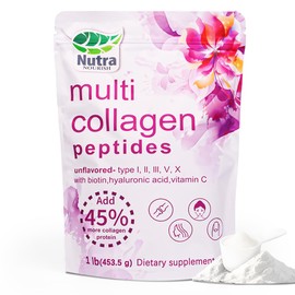 NutraNourish Multi Collagen Peptides Powder, 1LB | (Type I, II, III, V, X) with HyaluronicAcid, Biotin & Vitamin C,Supports Hair, Skin & Joint Health,Unflavored