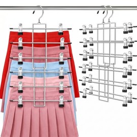 2 Piezas Perchas para Pantalones, Ganchos para Faldas con Pinzas, 6 en 1 Perchas para Falda de Acero Inoxidable, Plegable Ganchos para Pantalones, Gan