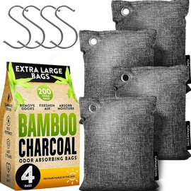 Charcoal Odor Absorber for Strong Odor (Large, 4 Pack, 200G Each), Bamboo Air Purifying Bag, Activated Charcoal Odor Absorber for Closet, Shoe, Car, Basement Musty Odor Eliminator Deodorizer Room Pet
