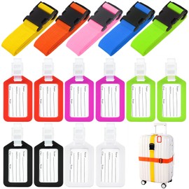 Swpeet 15Pcs Multi-Color Luggage Tags and Luggage Straps, 5 Colors Plastic Luggage Identifiers with Lanyard and ID Label, Suitcase Belts Adjustable Packing Straps, Suitcase Tag and Strap for Travel