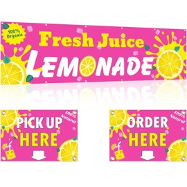 Lemonade Stand Supplies 3x10 ft Lemonade Stand Banner with Order Here Pick up Here Signs Fresh Squeezed Lemonade Juice Flags for Indoor Outdoor Yard Business Restaurant Lemonade Decoration (Pink)