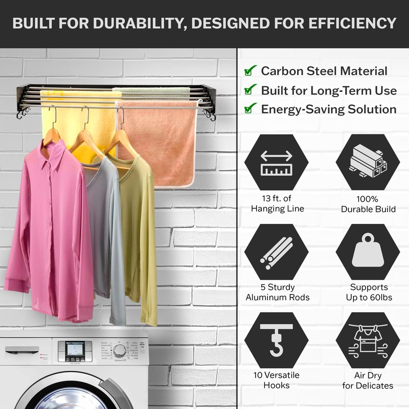 Zetez Wall Mounted Laundry Drying Rack, Retractable & Foldable, 31.5"