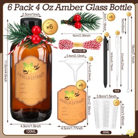 HairChrysm 6Pack 4 Oz Amber Glass Bottles for Homemade, Vanilla Extract Bottle Jars for Making Vanilla Extract,Brown Glass Bottles with Christmas Berry Branch,Funnel,Brush,Rope,Stickers